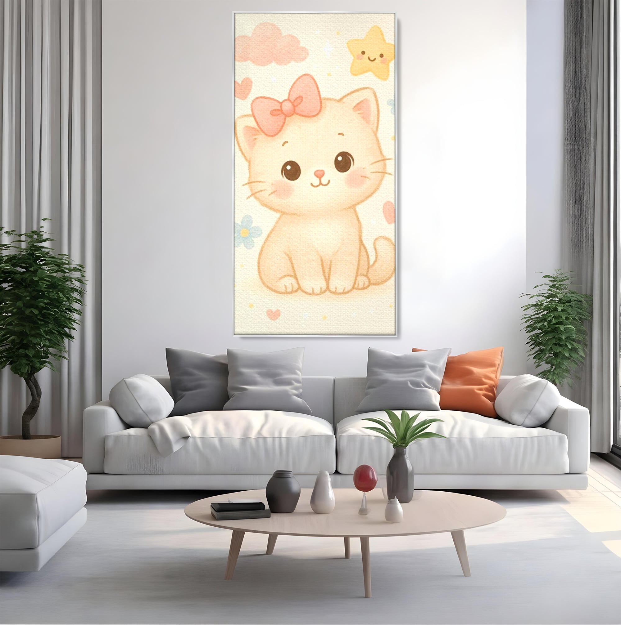 Tablou canvas cu ilustratie cu pisicuta roz si steluta, in rama de aluminiu argintiu, pe perete intr-un living